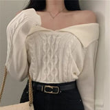 New 2022 Chic Korean Fashion Off Shoulder Sweater Knitted Women Autumn Winter Elegant Lady Short Pink Tops