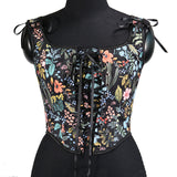 Fongt Ancient Printed Corset New French Retro Court Front Strap U Tie Leaf Printed Vest Female Wear