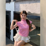 New Sweet Half-High Collar Slim Short Blouse Trend Sweet Wind Bow Small Flying Sleeve T-Shirt
