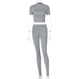 Solid Women Two Piece Set Short Sleeve Gym Top Crops Leggings Skinny Sporty Tracksuit 2021 Spring Summer Outfit