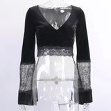 Sexy Street Lace Stitching Square Collar Short-Sleeved Blouse Female Corns Strapped To Show Slim Women's Wear-Outfit