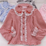 Women Preppy Style Sweet Lolita Blouses Cute Bow Lace Ruffles Plaid Shirt Gothic Girly Kawaii Long Sleeve Harajuku Blusas Mujer-Outfit