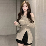 Women Slim Waist Split Top Sexy Hot Girl Slash Neck Long Sleeve Jumpers Harajuku Streetwear Casual Pullovers-Outfit