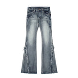 high street retro hottie micro-flare jeans women American Y2k autumn and winter raw edge splicing slim trousers-Outfit