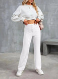 Fongt Fashion New Women's Casual Straight Pants High Waist Button Elastic Belt With Multiple