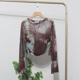 Fongt Not Sultry Hot Tie Dye Net Yarn Long-Sleeved T-Shirt Drawstring Tethered With Short-Sized T-Shirt Horn Sleeve Top 8929