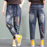 Korean Fashion Women Jeans 2022 New Bottoms Loose Casual Trousers Embroidery Cartoom Harem Pants Pantalones De