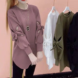 Solid Color Cut Out Sweatshirts Female Clothing Korean Loose Spring Autumn Long Sleeve Casual Bow Round Neck Pullovers-Outfit