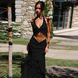 Fongt New Women's Fashion Sexy V-Neck Hanging Neck Sling Wooden Ear Dress Two Sets
