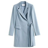 Notched Regular Full Sleeve Dress Elastic Waist Knee-Length Asymmetrical Dress Solid Office Lady Spring New