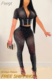Sparkle Crystal Pants Two-Piece Set Glitter See Through Rhinestone Studded Crop Top And Legging Set Party Club