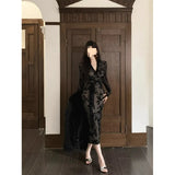 Fongt Sister Style Black Collar Long-Sleeved Dress Women Autumn Body Dress In The Long Dress Open Fork To Close The Waist Tight Lace Skirt