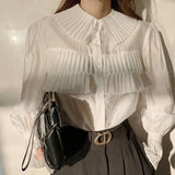 Spring New Stylish Transparent Pleated White Shirts Women Turn-down Collar Single-breasted Loose Female Blouse Tops