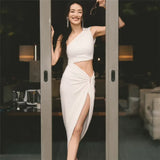 Fongt Summer New Women's Fashion Slanted Single Shoulder Hollow Solid Color Draw Folded Waist Dress