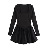 Fongt 2025 New Temperament Balloon Dress Square Collar High Waist Thin Black Dress