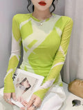 Fashion Printing Long-Sleeved Round Neck T-shirt Women Contrast Color Slim Double-Layer Mesh Tees Tops-Outfit