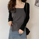 And Winter Color Positive Shoulder Fake Two Square Collar Blouses Women's Spring And Autumn Splicing Irregular Design Feeling Bottom Short