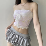 Sweet Wind Sleeveless Printing Lace Breast 2024 Summer Style Pure Desire Sexy Slim Show Navel Blouse Woman-Outfit