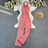 Fongt Denim Panties Femininity Hanging Neck Sleeveless Backs High Waist Slimmed Denim Jumpsuit