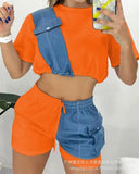 2023 Women's New Imitation Jeans Splicing Short Casual Suit Suit-Outfit