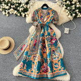 Fongt A Women's Court Style V Tie With A Belt Net Yarn Bubble Sleeve Print Large Swing Long Joint Dress