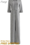 Wide Leg Kintted Jumpsuits Romper Women Winter Clothes Chic Zipper 3/4 Sleeve Pockets Jumpsuits Overalls Plaid