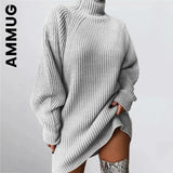 and Winter New Women's Knitwear Pullover Mid-length Raglan Sleeves Half Turtleneck Sweater Dress Loose and Soft-Outfit