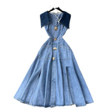 Fongt Large-Cuffless Vest Dress Women's Heart-Cuffed Long Retro Denim Dress Girl