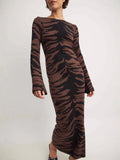 Fongt New Women's Fashion Elegant Round-Collar Knitted Long Dress Leopard Dress Dress Dress
