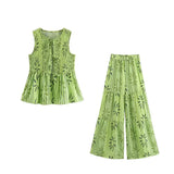Fongt Trend-Print Collar Sleeveless Collar With Waistcoat Lady Casual Street Trousers Set
