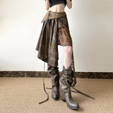 Fongt Wasteland Breeze Niche Design Lattice Crash Color Irregular Splicing Lace Open Forked Retro Skirt New