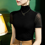 Autumn Base Mesh Tees Women Half Turtleneck Short Sleeve T Shirts Lady Stretchy Tops Female Basic T-shirt-Outfit