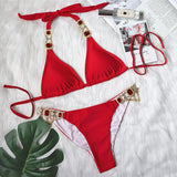 Fongt New Swimwear Crystal Diamond Chain Women's Split Swimsuit Perm Gold Snake Grain Strap Sexy
