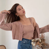 Autumn Winter Women With Camis Crop Knitted Cardigan Sweater Jumper 2 Piece