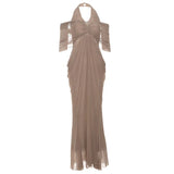 Fongt Summer Fashion Trend Women's New V-Necked Bare Back Mesh Splicing Body And Hip Dress