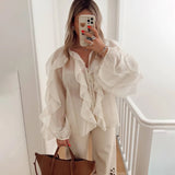 Fongt High-End Design Pure Color Temperament Chiffon Lotus Side Zipper Top With Comfortable Loose Long-Sleeved Shirt