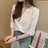 Spring New Stereoscopic Embroidered White Pure Cotton Blouse Floral Short Sleeve Woman's Shirt Fashion Lady's Shirt