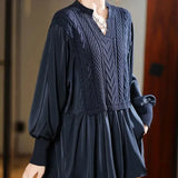 Knitted Patchwork Blouse Spring Autumn Korean Loose Women's Clothing Basic Fake Two Pieces Casual Half Open Collar Shirt-Outfit