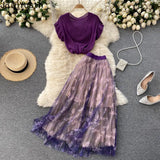 Temperament Two Piece Set Women V-neck Knitted Tops High Waist Gauze Skirts Korean Chic Elegant Suit Femme