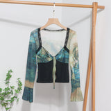 Fongt Spring Dress French Court Style Lace Lace Spliced Printed Horn Long-Sleeved T-Shirt 82236
