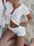 Fongt Spring And Summer New Women's Shawl Short Hollow Knitted V-Necked Shirt Shorts Lace