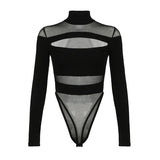 Black Hollow Out Bodysuit Mesh Patchwork Solid Full Sleeve See Through Bodycon Jumpsuit for Women Club Party Outfits Lady-Outfit