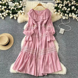 Fongt Retro Design Collar Lotus Side Splicing Single Buckle Horn Lace Lace Waist Dress Woman