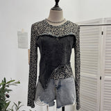 Fongt Shooting Fashion Leopard Tard Tard Babes Mesh Splicing Denim Irregular Bottom Shirt Short Top 2617