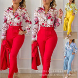 Series) 2023 Women's Red Print Shirt Pantsuit-With A Belt-Outfit