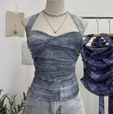 Fongt Shot Tie-Dye-Dyed Denim Print Folding Mesh Sling Sling Sling Neck With Bow Striped Backwear 9921