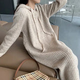 Hooded Knitted Dress Women Solid Oversized Midi Dresses Winter Korean Elegant Thicken Loose Casual All Match Vestidos-Outfit