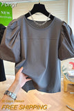 New T-Shirts Causal O-neck Patchwork Puff Sleeve Shirts for Women Chic Korean Sweet
