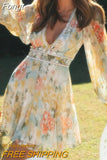 Print Tulle Dress Robe for Autumn Winter Flower Elegant Chic Women Dresses A-line Mini Party Dress Boho Beach