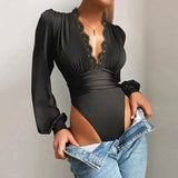 V-neck Long Sleeve Lace Patchwork Bodysuit Women Solid Elegant Women Playsuit Street Spring Autumn Women Body Top